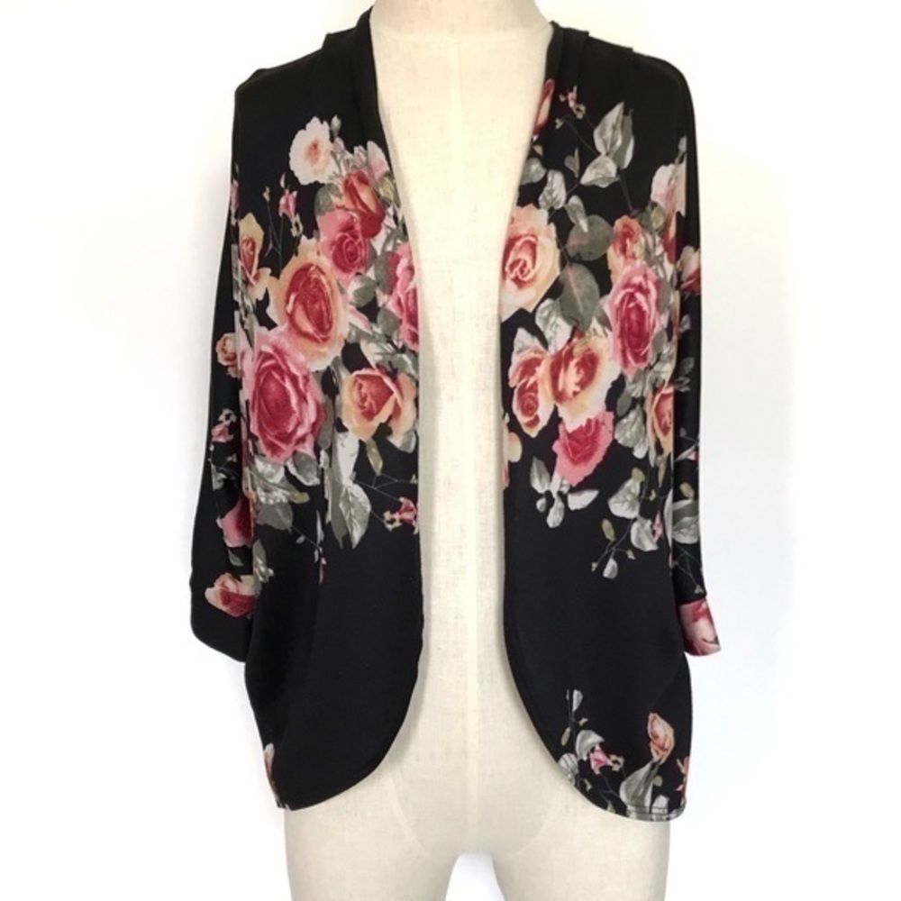 Mauve Black Pink Floral Bat Wing Cardigan Size Small